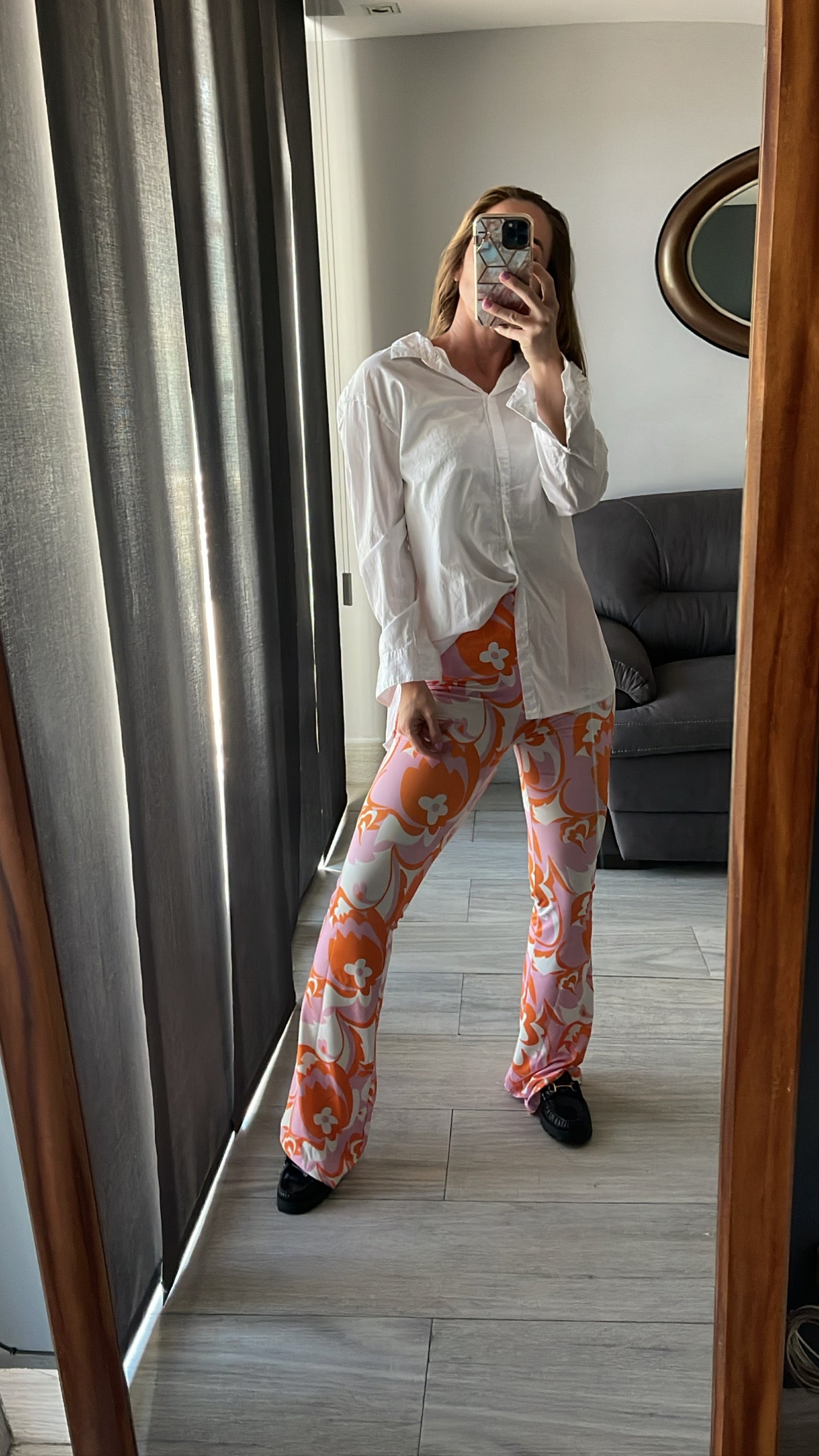 Pantalón estampado retro Naranja y Rosa, elástico, textura suave. – Montse  La Bonita